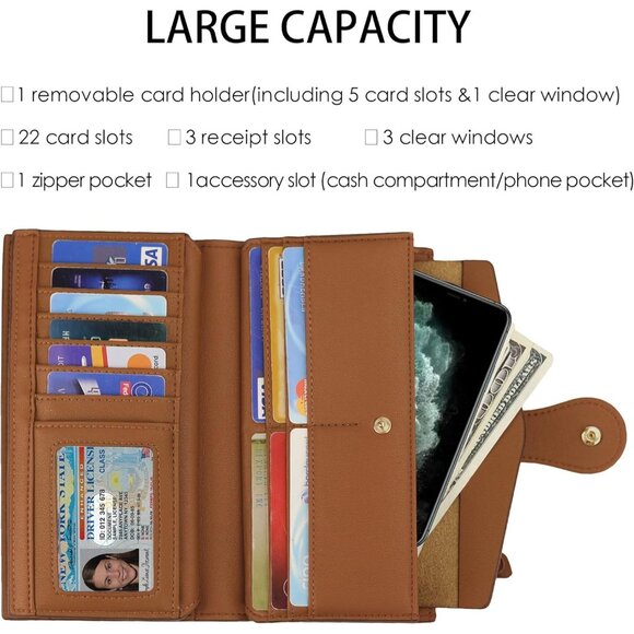 New Luxury Waxed Leather RFID Wallet for Women Large Capacity Clutch - Tan - Picture 3 of 9